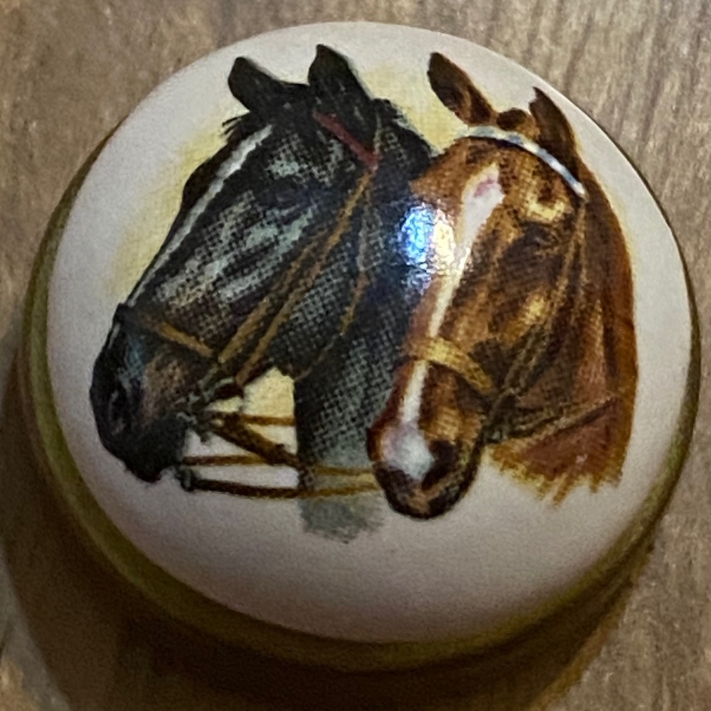 Vintage hand painted horses ceramic button cover